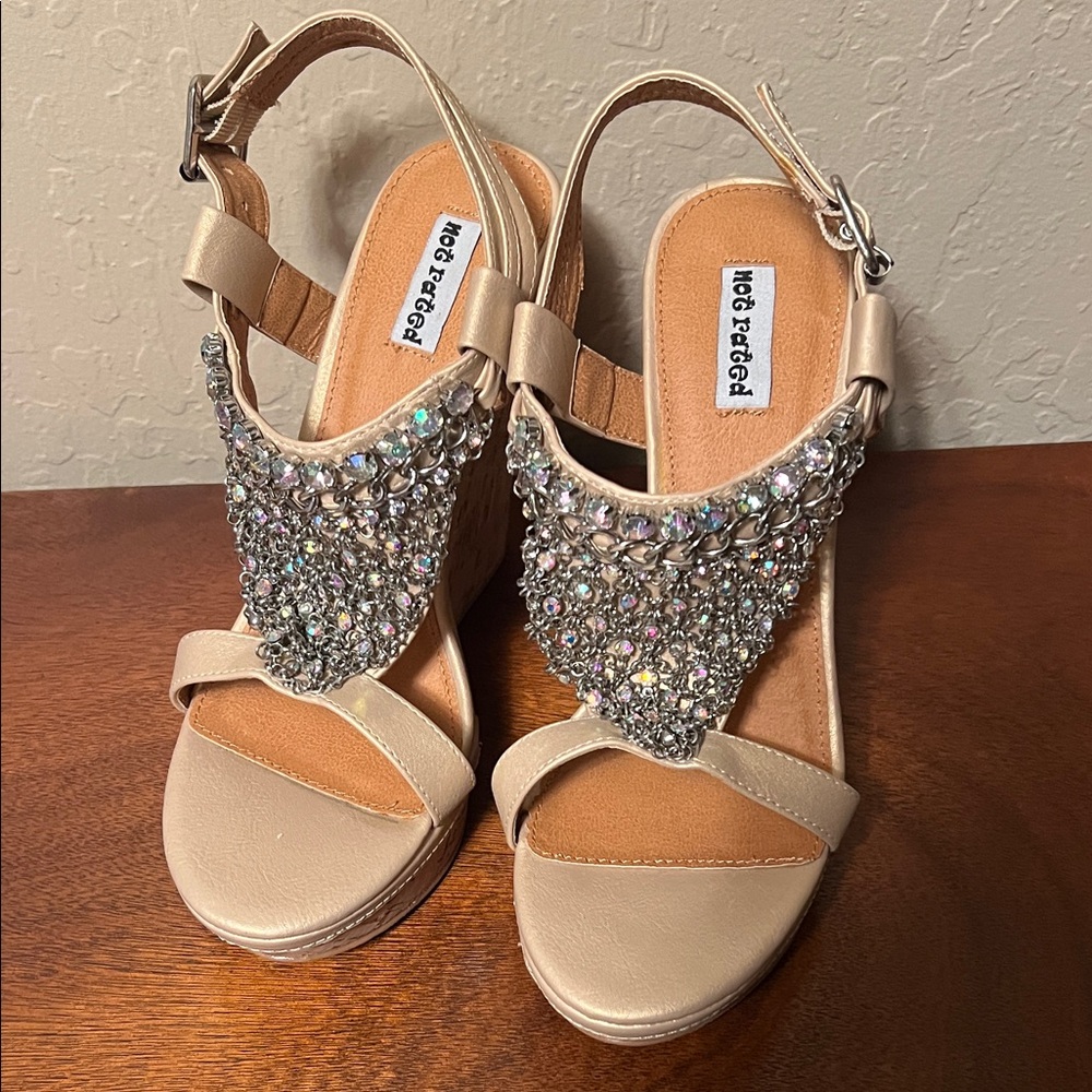 Not Rated Champagne Jeweled Wedge Slingback Sandals